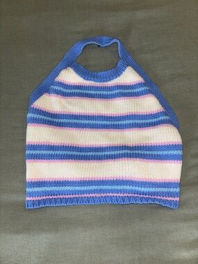 Striped Knit Halter Crop Top in Blue, White & Pink